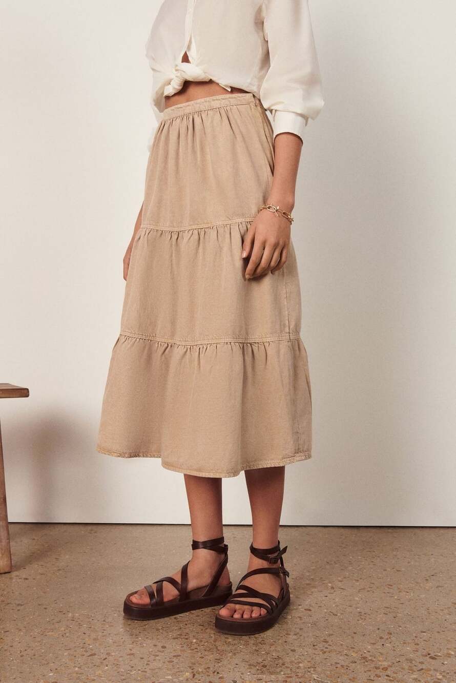 ba&sh Khaki Smocked Tiered Midi Skirt Sz 3